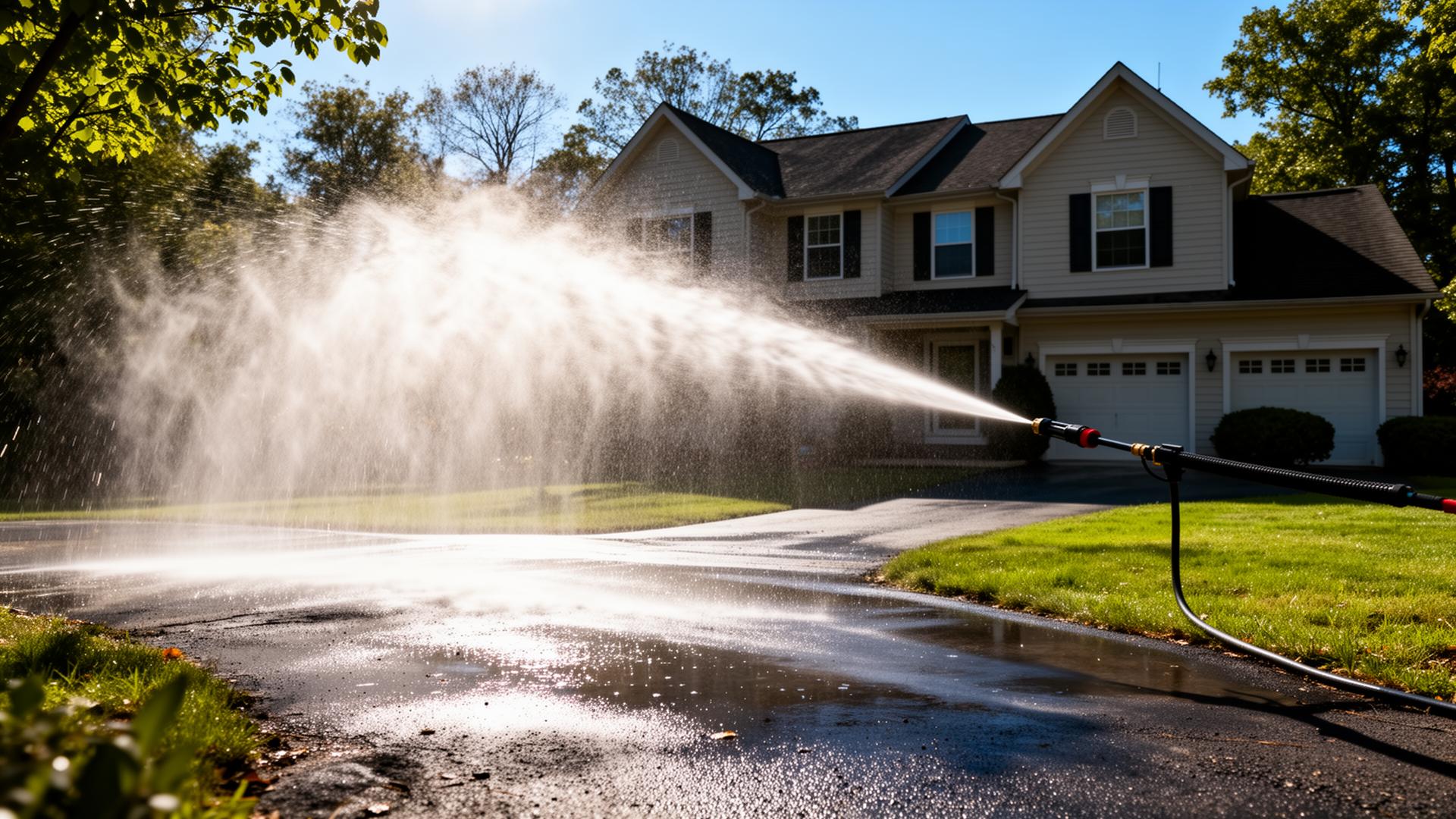 Professional pressure washing a driveway at a suburban DMV home